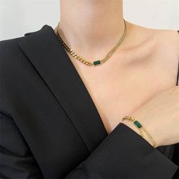 Cadenas Barroco 18K Chapado en oro Rectángulo Collar de piedra verde Cuadrado Cristal Cz Gargantilla de boda Dama Mujer Accesorios de acero inoxidableCadenas