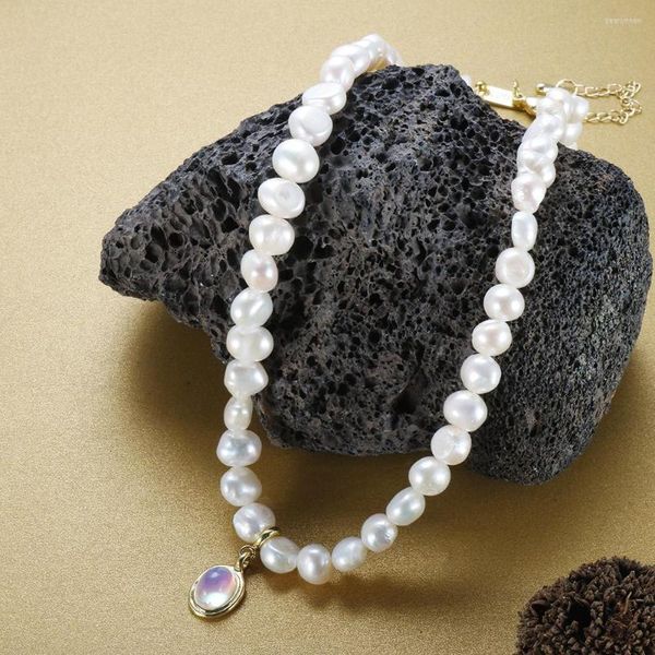 Chaînes collier de perles d'eau douce baroques pour femmes bijoux français de haute qualité pendentif ovale en cristal coloré en acier inoxydable