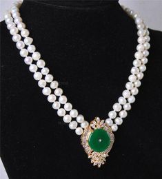 Cadenas Hermoso collar con colgante de jade verde perla blanca de 2 filas