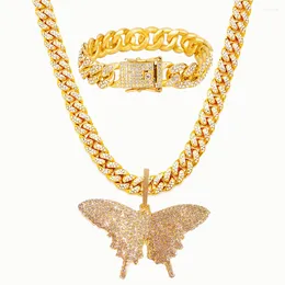 Chaînes Big Taille Papillon Pendentifs Charm Bracelet 12mm Miami Curb Chaîne Cubaine Hip Hop Collier Rappeur Hommes Femmes Bijoux Or