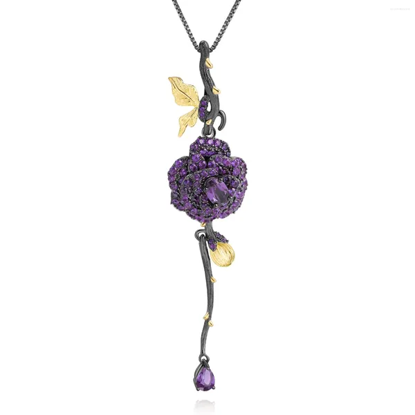 Chaînes Noir 18K Or sur 925 Argent Deux Tons À La Main Rose Fleur Naturelle Améthyste Pierre Pendentif Collier Pour Les Femmes