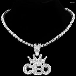 Cadenas Bling Full Rhinestone Corona Carta CEO Colgante Collar Para Hombres Mujeres 5 MM Iced Out Crystal Cadena Hip Hop Joyería