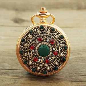 Chaînes Blucome Vintage Montre De Poche Rouge Ancien Visage Strass Vert Bord Quartz Nostalgique Bijoux WatchChains