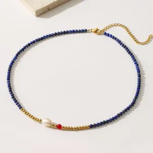 Chains Blue Lapis Lazuli Freshwater Pearl ketting roestvrijstalen hart chokers voor dames vakantie feest sieraden groothandel