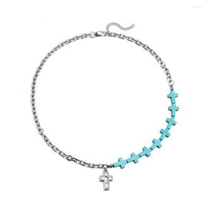 Chaînes Bleu Pierre Naturelle Croix Collier Pour Hommes Hip Hop Style En Acier Inoxydable Pendentifs Mâle Bijoux