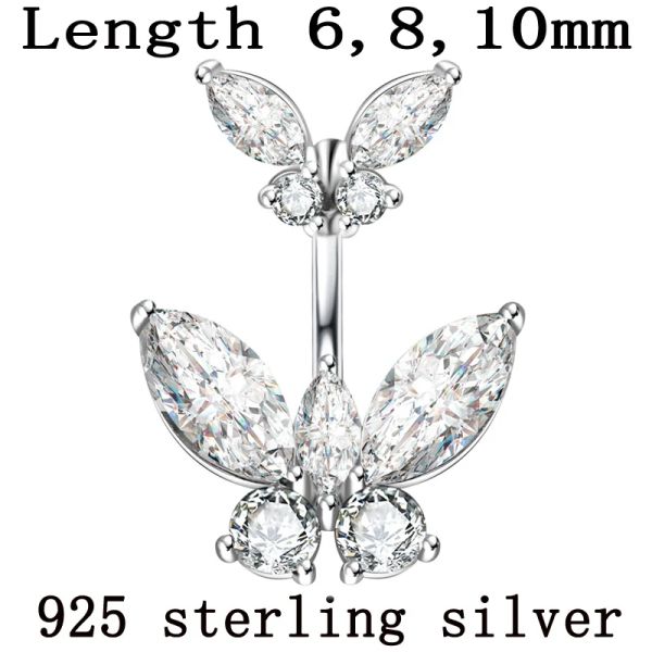 Chaînes Bijoux de corps Papillon réel 925 argent sterling Nombril anneau longueur de broche 6mm 8mm 10mm Piercing bijoux fins livraison gratuite