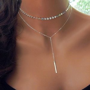 Chaînes bohême or longue barre collier ras du cou pour femmes pendentif bijoux Double couche ensemble disque initial chaînes-cadeaux