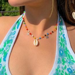 Chaînes Bohême Femmes Plage Coquillage Pendentif Bijoux Coloré Perle De Rocaille Chaîne Clavicule Ethnique Or Plaque Étoile Paillettes Charme Collier Ras Du Cou