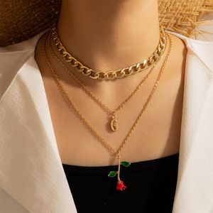 Ketens Boheemian Red Rose Flowers hanger ketting voor vrouwen charmes letter g meerlagige trui keten kraag kraag