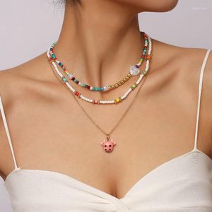 Ketens Boheemse rijst Bead Love Bull Head Multi-Layer Necklace for Women Boho Summer Cute Animal Pendant Choker vrouwelijke sieraden