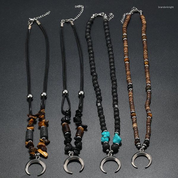 Chaînes Style bohème hommes perlé coquille de noix de coco collier Vintage alliage accessoires de mode Turquoise croissant cadeau commémoratif