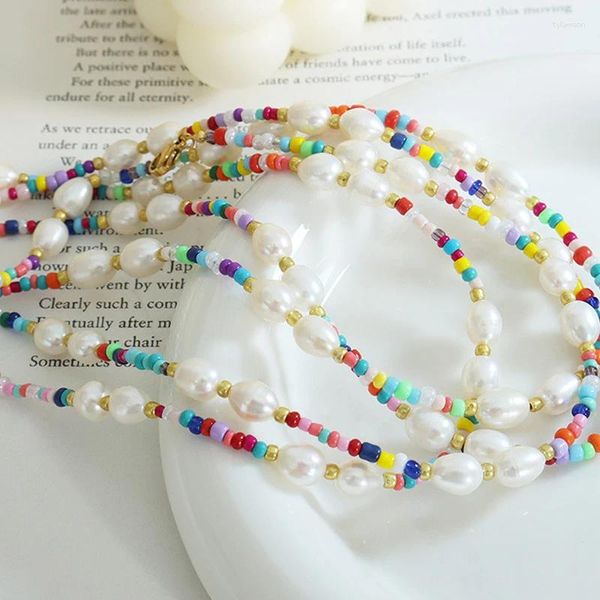 Chaînes Style bohème en acier inoxydable petites perles de verre colorées irrégulières ovales baroques collier de chaîne de perles d'eau douce pour femmes filles