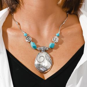 Chaînes Bohème Vintage Tibétain Argent Turquoise Grand Ovale Charme Pendentif Collier Ras Du Cou Pour Femmes Bijoux Cadeaux Dz941