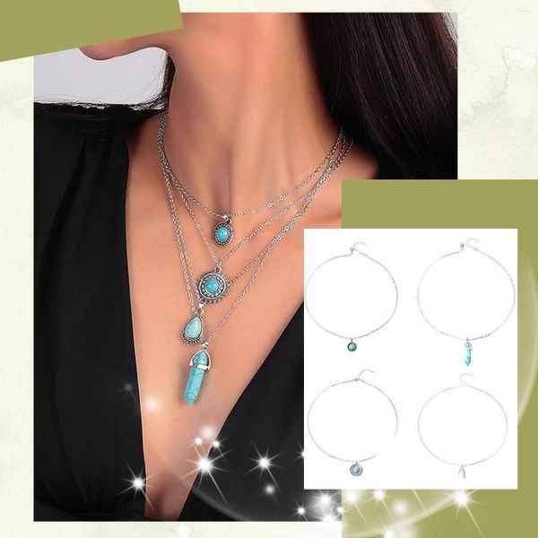 Chaînes garçons croix collier soleil colonne hexagonale gouttelettes d'eau quatre couches Turquoise mode pendentif femme médaillon