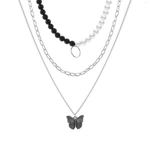 Ketens vlinder hanger hanger multilayer ketting mode retro ketting zwart en witte kraal n1350