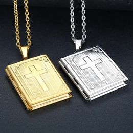 Cadenas que pueden abrir la Cruz de la Biblia, collar con marco Po, dijes de moda, medallón de memoria cuadrado, colgantes, collares para hombres y mujeres, regalos cristianos