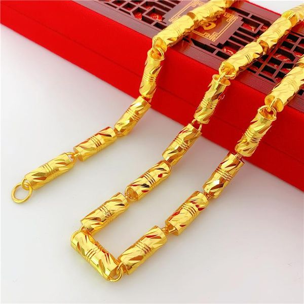 Cadenas Cadena cilíndrica tallada Collar chapado en oro de cobre sólido Para hombre Conjunto de bambú Hip Hop Regalo de joyería fresco