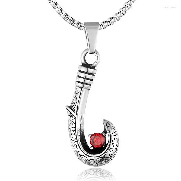 Chaînes Sculpté Crochet De Pêche Colliers En Acier Inoxydable Hommes Femmes Rouge Gem Pendentif Rétro Chaîne Rock Punk Gothique Bijoux Cadeau En Gros