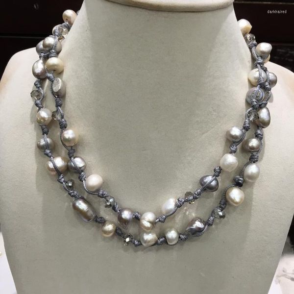 Chaînes décontracté sportif baroque longue perle d'eau douce et collier en cristal bijoux à la mode pour les femmes couleur grise corde de cire