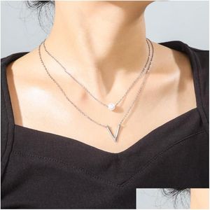 Chaînes Cazador Minimaliste Mtilayer Imitation Perle Collier Collier Pour Femmes En Acier Inoxydable V Pendentif 2023 Cadeau En Gros D Dhgarden Dhhxj