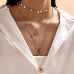 Chaînes breloques cercle pièce lune pendentif collier pour femmes bohème multicouche Geoemtry alliage réglable bijoux collier 9953
