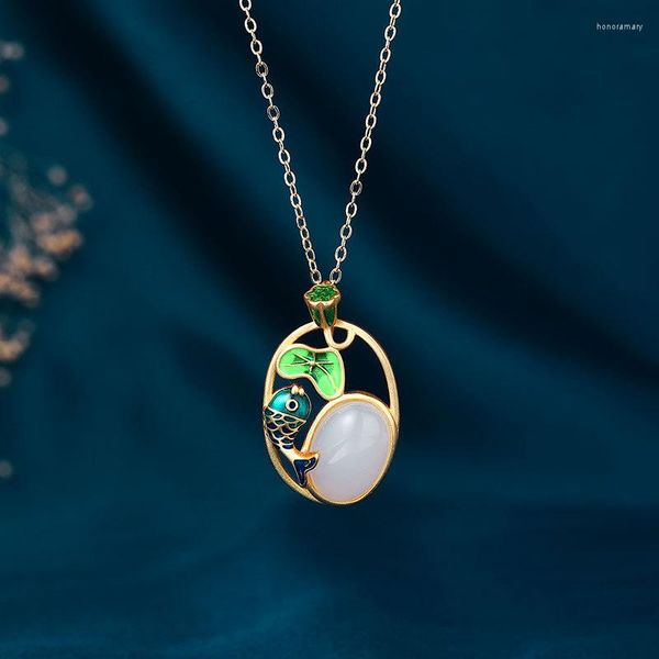 Chaînes Style chinois émail en forme de poisson Lotus collier incrusté naturel un Jade Antique pendentif bijoux pour femmes accessoires