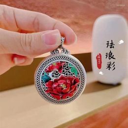 Chaines Style chinois Semblant Vintage Hollow Out Red Red Pelon Flower Pendant 925 Collier rond à artisanat en émail argent pour femmes bijoux