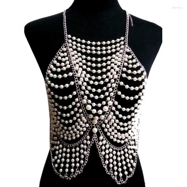 Cadenas Chran moda mujer cuerpo completo multicapa imitación perla collar llamativo cadena esclavo playa Halter joyería BDC397