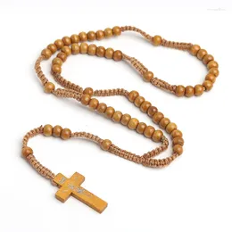 Chaînes Christ Collier en bois rond perle 8mm croix chapelet femme homme corde pull mode chaîne bijoux accessoires