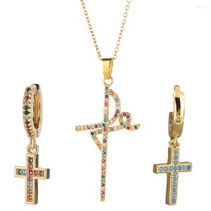 Chaînes chrétien boucle d'oreille coloré Religion croix christianisme colliers boucles d'oreilles Zircon laiton bijoux pour femmes 2022