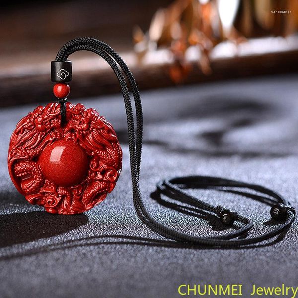 Chaînes Cinnabar Pendentif Hommes Chinois Dragons Boucle De Sécurité Rouge Collier Femelle À La Main De CinnabarChains Naturels