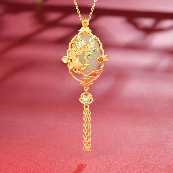 Chaînes Design Classique Naturel Hetian Jade Cheongsam Pendentif Exquis Phoenix Fringe Collier De Luxe Dames Bijoux En Argent