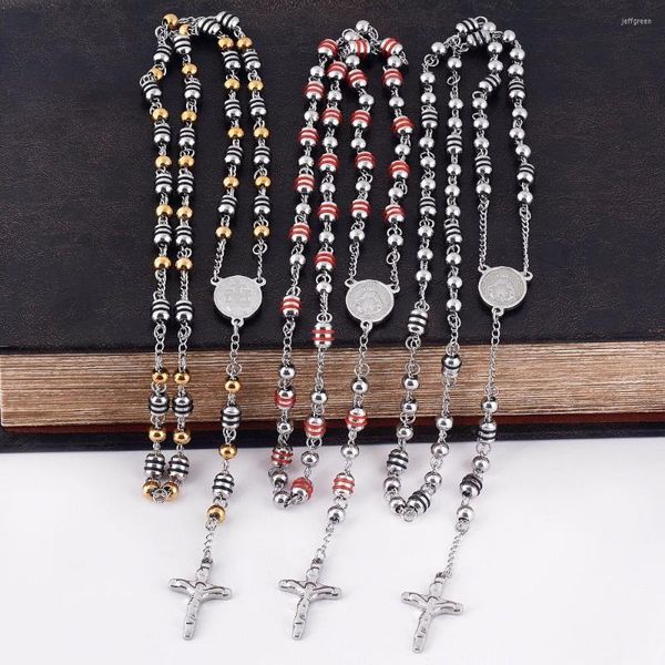 Chaînes Classique Hommes En Acier Inoxydable Religieux Chapelet Croix Pendentif Jésus Long Perlé Boule Lien Collier 27 