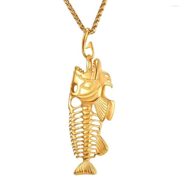 Chaînes Collare poisson os crochet de pêche pendentif couleur or/noir acier inoxydable grand squelette collier Pesca hommes bijoux P014