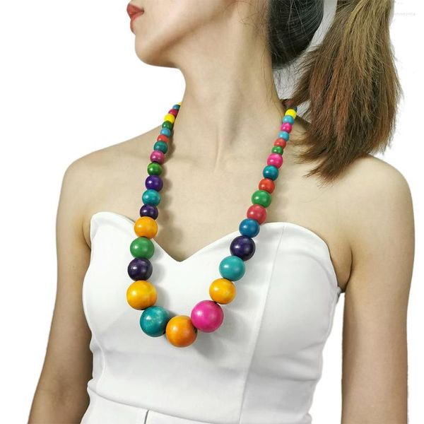 Chaînes colorées grandes perles de bois Long Collier pour femmes bohème en bois perlé décorations déclaration bijoux de mode Collier UKEN