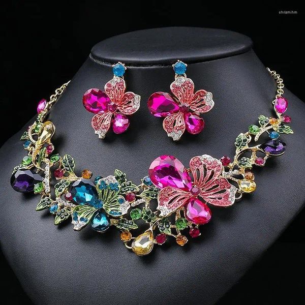 Chaînes Collier de fleurs colorées Set Femme Mariée Peinture Huile Gem Clavicule Chaîne