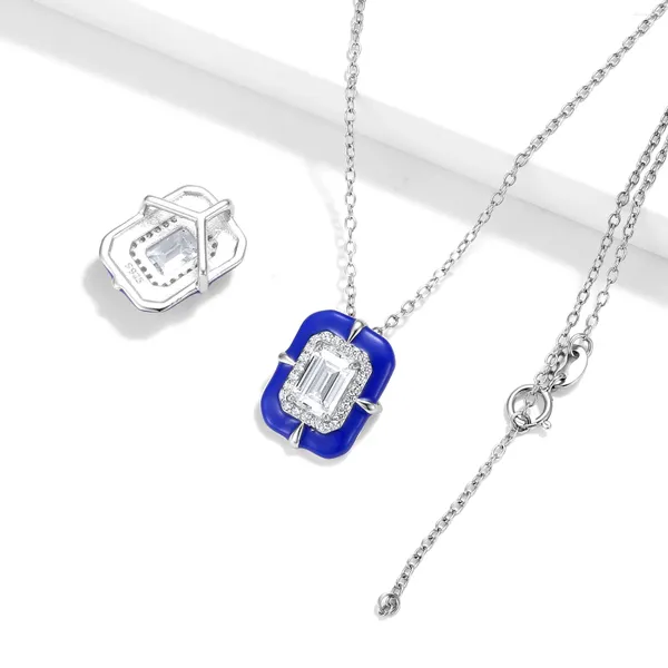 Chaînes Creative Géométrique Carré Y2K Millennium Style 925 Collier En Argent Sterling Incrusté Zircon Époxy Bleu Clavicule Chaîne