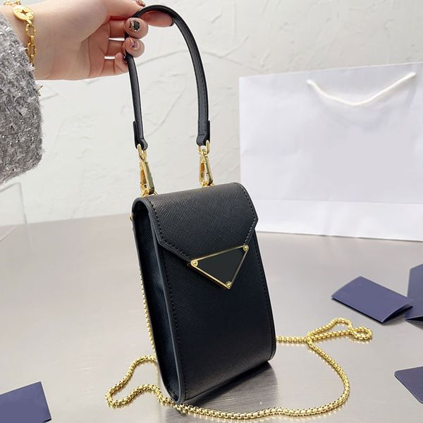 Cadenas Bolsos cruzados Bolso para teléfono móvil Bolso con solapa Monedero Mini bolso de mano Asa de cuero Bolso cruzado para mujer Letras de diseño Triángulo Hardware Correa desmontable