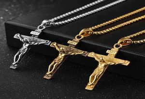 Chaines Crucifix Jésus Christ Bijoux Gold Brown Silver Color Pendant en acier inoxydable avec colliers de chaîne de cou pour l'homme Women7672998