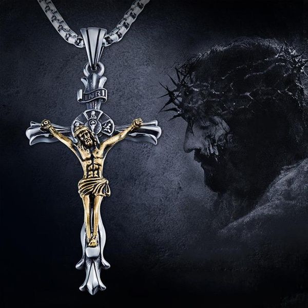 Chaînes Crucifix Jésus Piece Croix Pendentif Collier Pour Hommes Femmes En Acier Inoxydable Catholique Punk Hip Hop Biker Jewelry307L