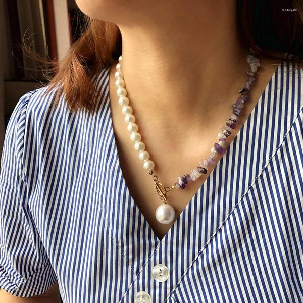 Chaînes cristal pierre concassée clavicule chaîne perle pendentif collier pour femme avec coutures multicolores en gros