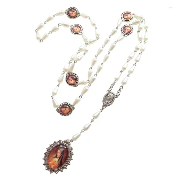 Chaînes de chapelet en verre de cristal, collier de perles, chapelet catholique, avec médailles, longue perle de prière blanche, bijoux catholiques présents