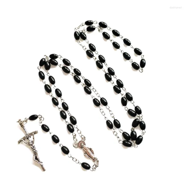 Chaines Collier de perle ovale Crystal Rosaire Chaîne de pendentif crucifix catholique pour femmes adolescentes