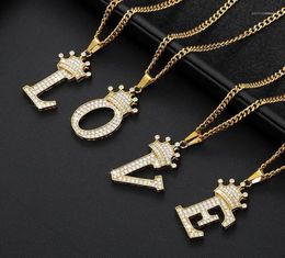 Ketens kristal zirkoon alfabet hanger kettingen voor vrouwen mannen kroon initiële letter ketting hiphop gouden keten sieraden collier16077504