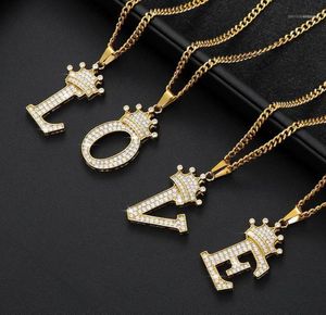 Chains Crystal Zircon Alphabet Pendant Colliers pour femmes Men Crown Initial Letter Collier Hip Hop Gold Chain Bijoux Collier14514460