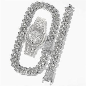 Chaînes Cubain Lien Chaîne Glacé Montre Mens Bijoux Ensemble Collier Montre Bracelet Hip Hop MiamiRhinestone Africain Foulard289t