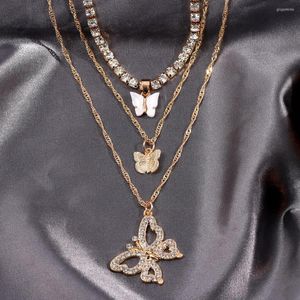 Chaînes mignon or couleur papillon pendentif colliers pour femmes multicouche Animal cristal Tennis chaîne collier 2023 bijoux à la mode