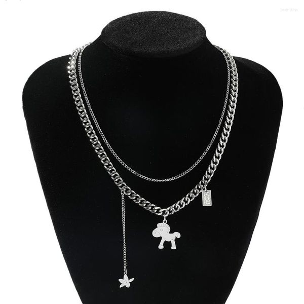 Chaînes mignon petit cheval goutte double pont collier ras du cou cristal fleur hip-hop punk chaîne homme femmes vacances bijoux de fête