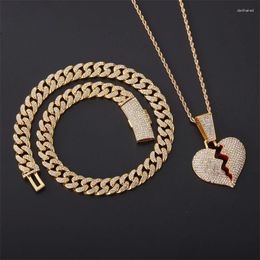 Chaînes DZ Pendentif Coeur Brisé 3Pièce 13mm Bling Strass Miami Chaîne Cubaine HipHop Colliers Glacés Bijoux De Mode Pour Homme