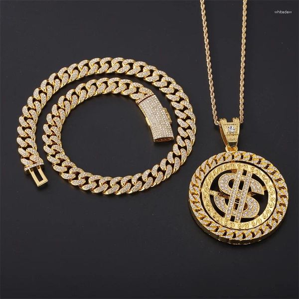 Cadenas DZ Colgante de dólar giratorio con diamantes de imitación de 13 mm Cadena cubana HipHop Iced Out Combinatio Collar Joyería de moda para hombre Regalo